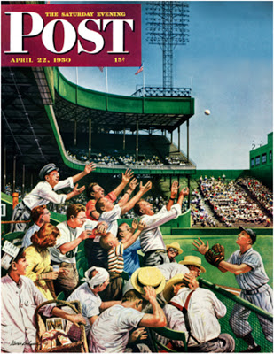 I'd like to thank David Apatoff from whose blog,  http://illustrationart.blogspot.com/, I learned the real story behind this iconic "All American" Saturday Evening Post Cover from 1950.  Austin Briggs painted what was to be the cover of the April 22, 1950 issue of The Post.  He painted a picture of a New York Giants baseball game and in it he included the family's long time employee, Fanny Drain, who frequently listened to the radio broadcasts of the games with Briggs in his studio.  She also happened to be African Amerian.  The editors ordered her taken out of the image.  Briggs refused and, before leaving the Post offices, destroyed the painting.  Steven Dohanos was hired to repaint the image.  The cover depicted went on to be a fan favorite; it was even turned into a jigsaw puzzle.  The complete story can be read at the before-mentioned blog entry for June 18, 2013.  But it just goes to show how deeply embedded the tradition of Illustration Art is in America's history and progress.  Certainly, Austin Briggs was a man of conscience and principle.  Even when it was inconvenient and to his detriment.